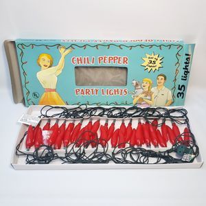 Vintage Red Chili Pepper Party Lights String of 35 Indoor Outdoor Tested in Box